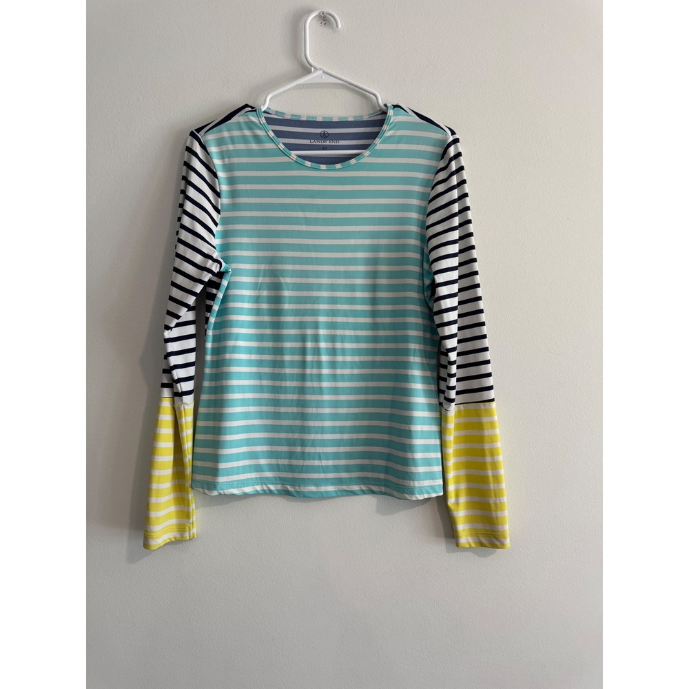 Lands' End Striped Long Sleeve Rash Guard Women Small Blue Yellow Colorblock